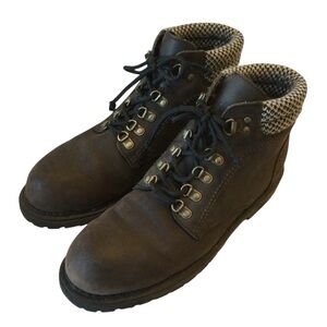 Good Feet Brown Leather Lace-Up Ankle Boots Fabric Top Chic Warm Size 9.5 Womens